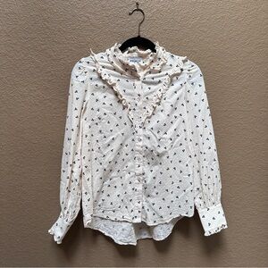 FRNCH White and Black Ruffled Bib Collar Blouse | size Medium | 100% cotton